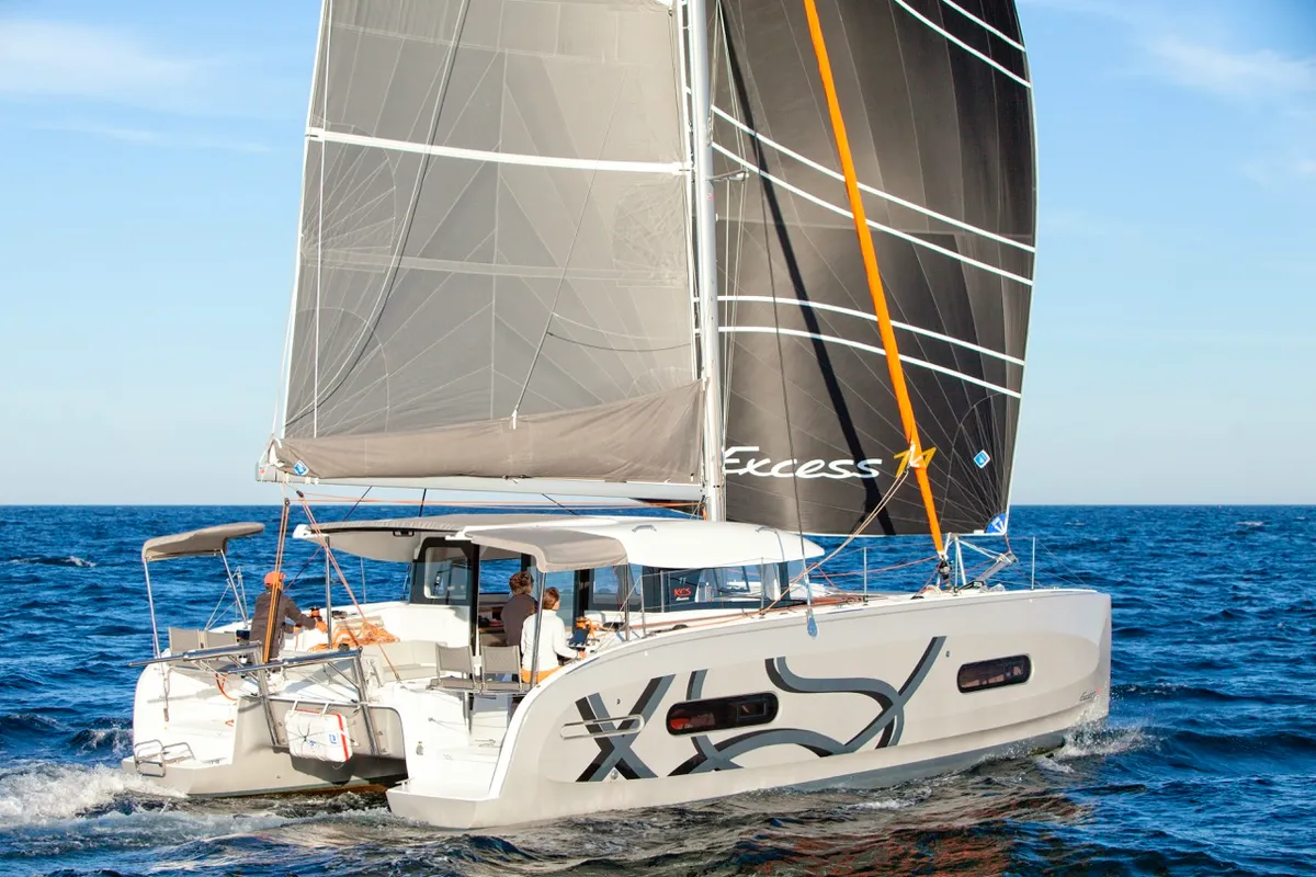Exterior view of Elyvian Spirit, a Excess 11 catamaran at Brindisi, Italy