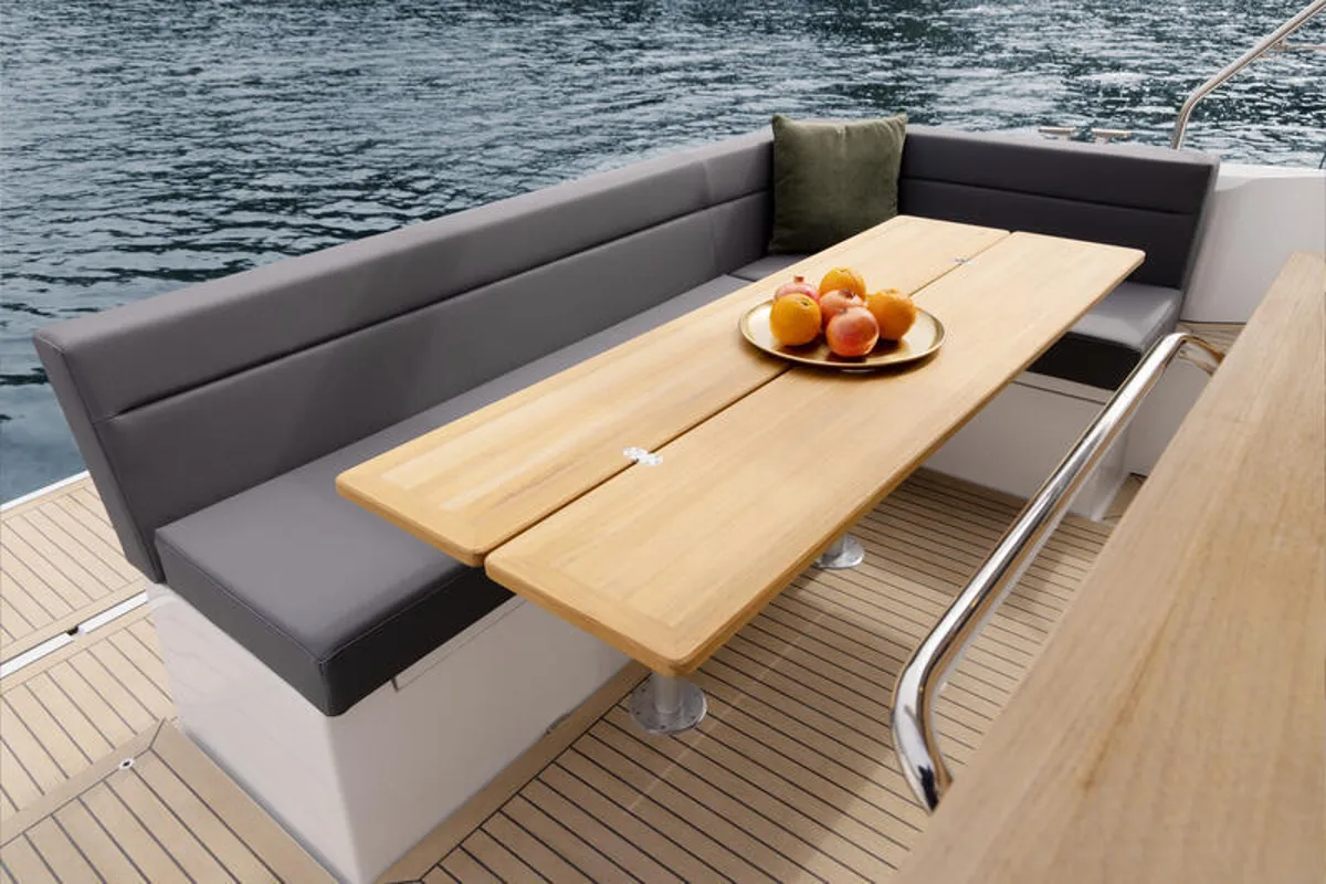 Deck of Min Maity, a Sealine C335 motorboat at Grad Pula, Croatia