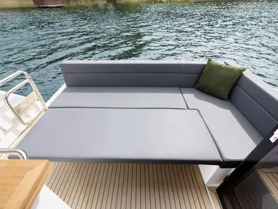 Deck of Min Maity, a Sealine C335 motorboat at Grad Pula, Croatia