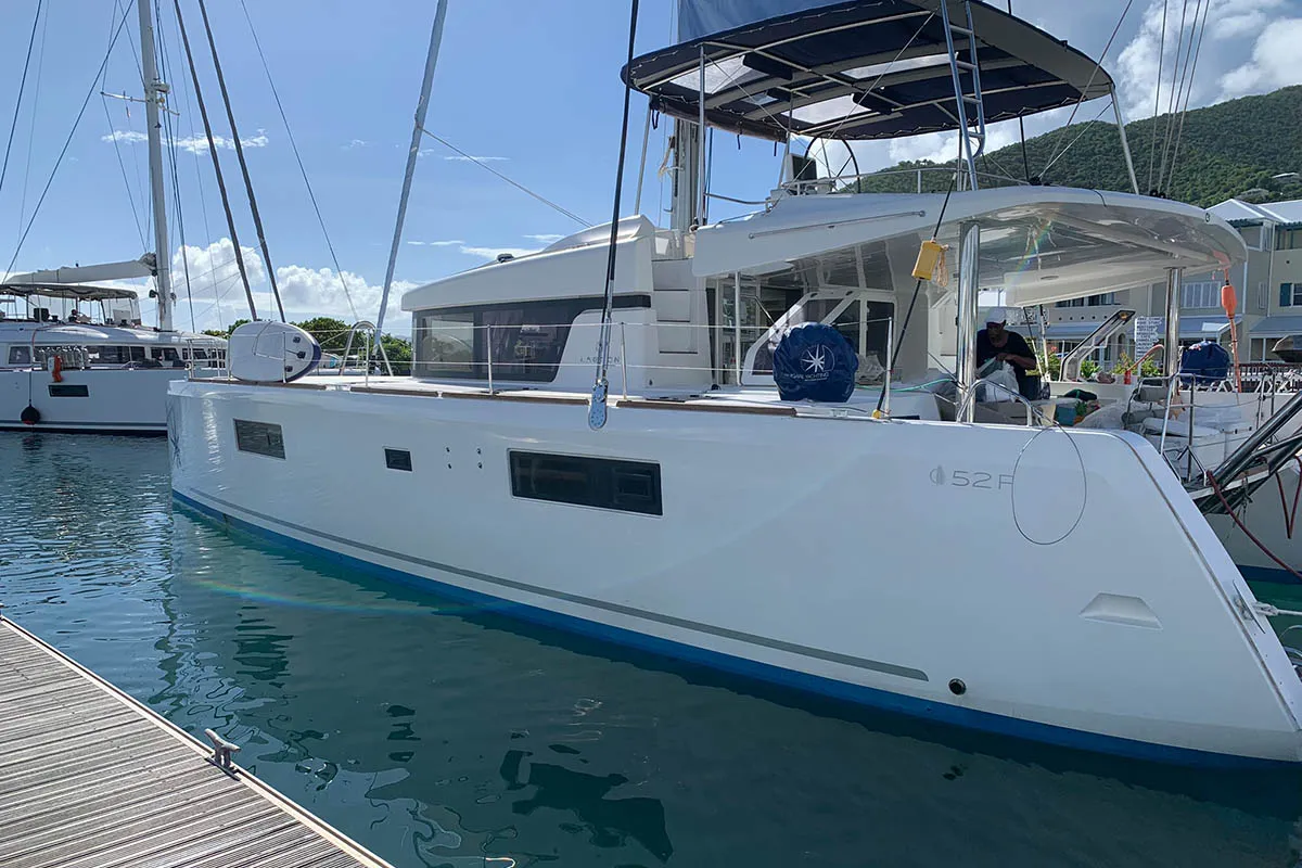 Exterior view of Amanda, a Lagoon 52 F catamaran at Road Town, British Virgin Islands
