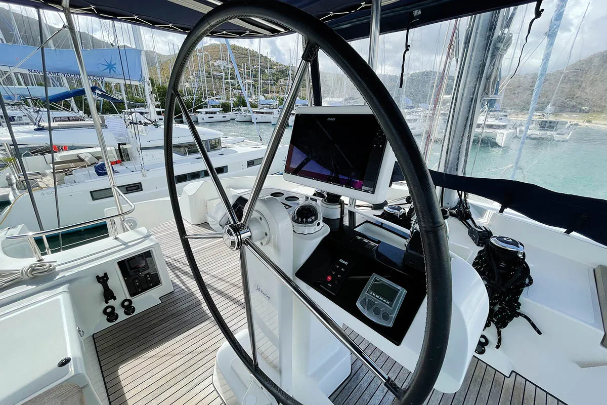 Cockpit of Amanda, a Lagoon 52 F catamaran at Road Town, British Virgin Islands