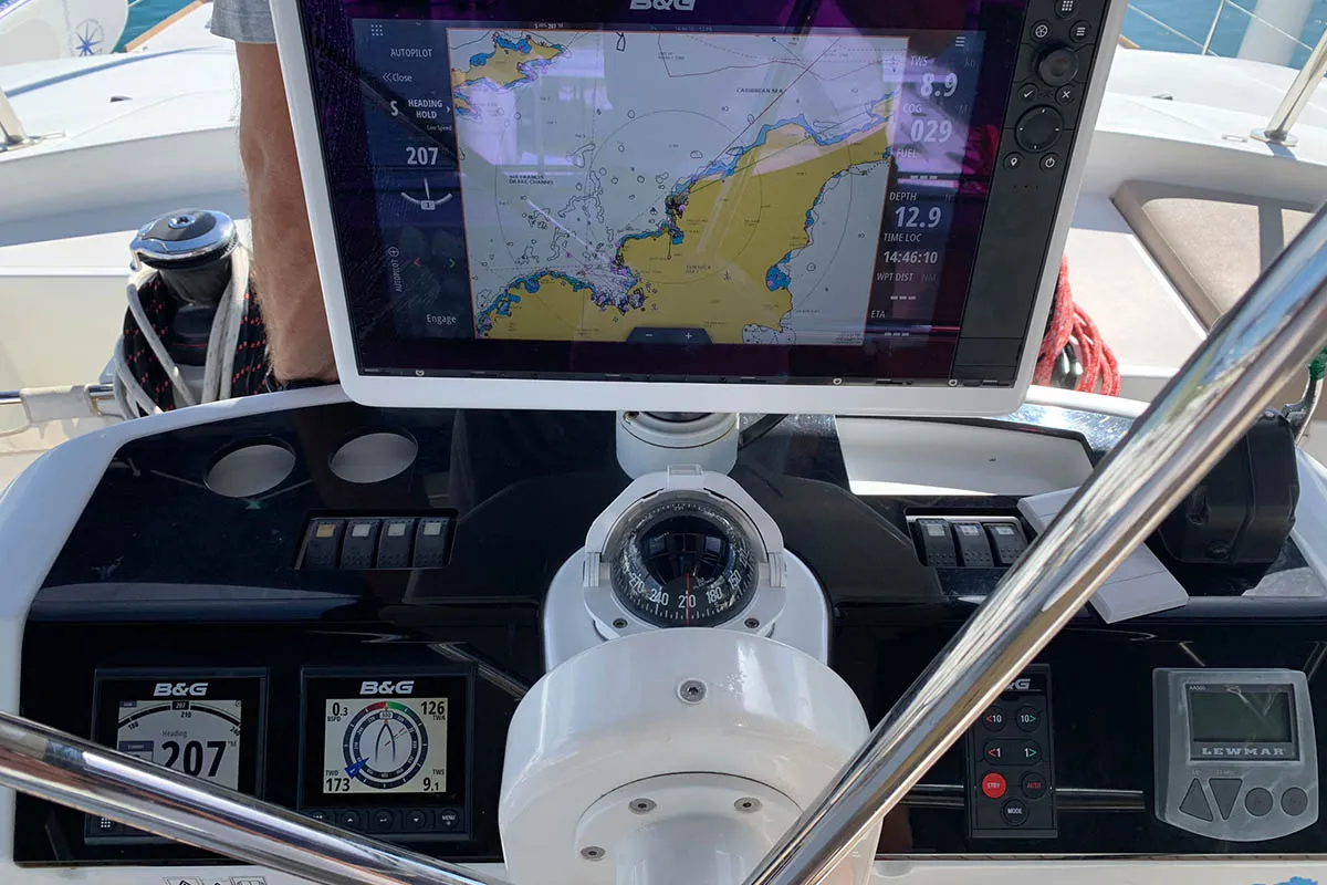 Cockpit of Amanda, a Lagoon 52 F catamaran at Road Town, British Virgin Islands