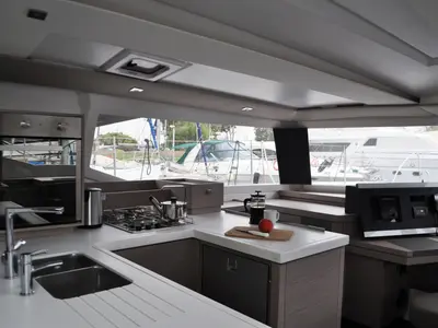 Galley of Nancy, a Fountaine Pajot Astréa 42 catamaran at Athens, Marina Delta Kallithea, Greece
