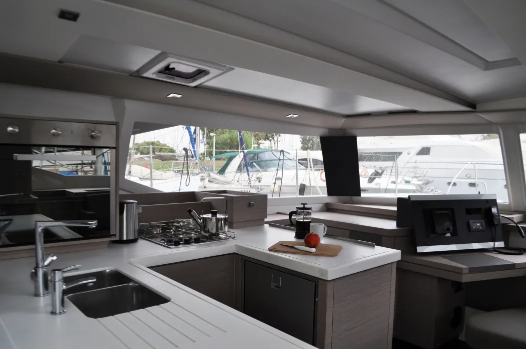 Galley of Nancy, a Fountaine Pajot Astréa 42 catamaran at Athens, Marina Delta Kallithea, Greece