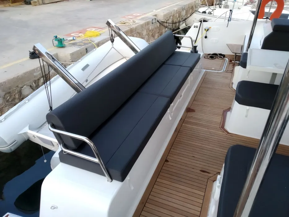 Deck of Nancy, a Fountaine Pajot Astréa 42 catamaran at Athens, Marina Delta Kallithea, Greece