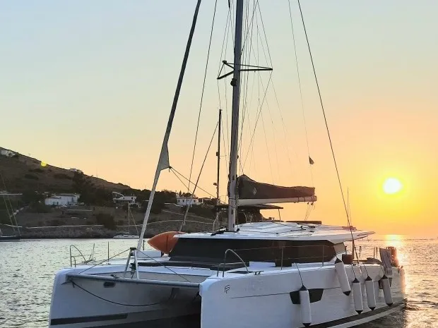 Exterior view of Nancy, a Fountaine Pajot Astréa 42 catamaran at Athens, Marina Delta Kallithea, Greece