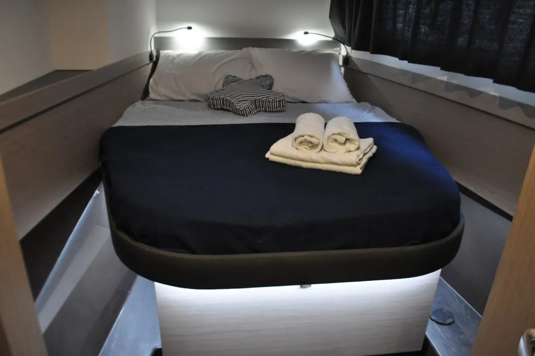 Cabin on Nancy, a Fountaine Pajot Astréa 42 catamaran at Athens, Marina Delta Kallithea, Greece