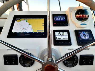Cockpit of Nancy, a Fountaine Pajot Astréa 42 catamaran at Athens, Marina Delta Kallithea, Greece