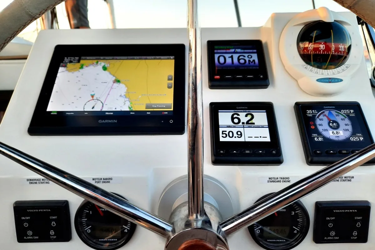 Cockpit of Nancy, a Fountaine Pajot Astréa 42 catamaran at Athens, Marina Delta Kallithea, Greece