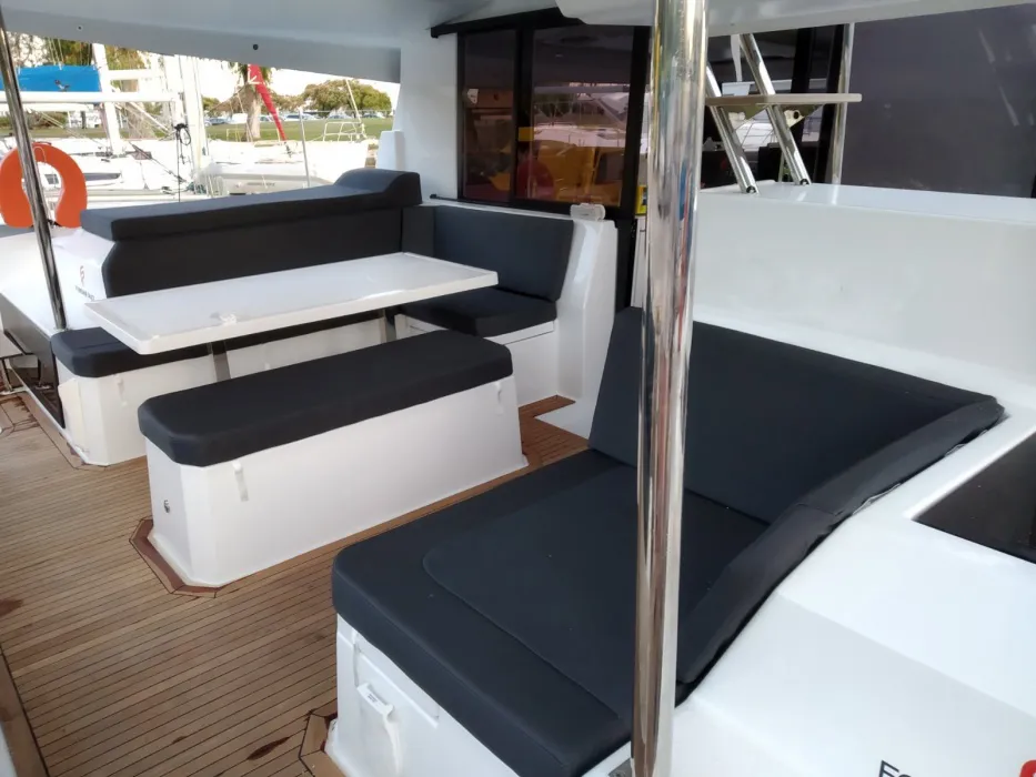 Deck of Nancy, a Fountaine Pajot Astréa 42 catamaran at Athens, Marina Delta Kallithea, Greece