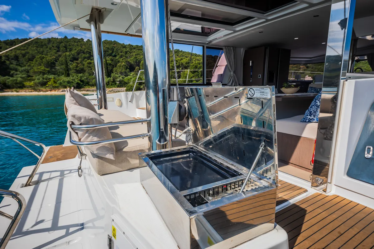 Deck of Esthera, a Bali 4.8 catamaran at Seget Donji, Croatia