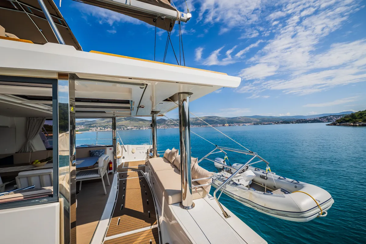 Deck of Esthera, a Bali 4.8 catamaran at Seget Donji, Croatia