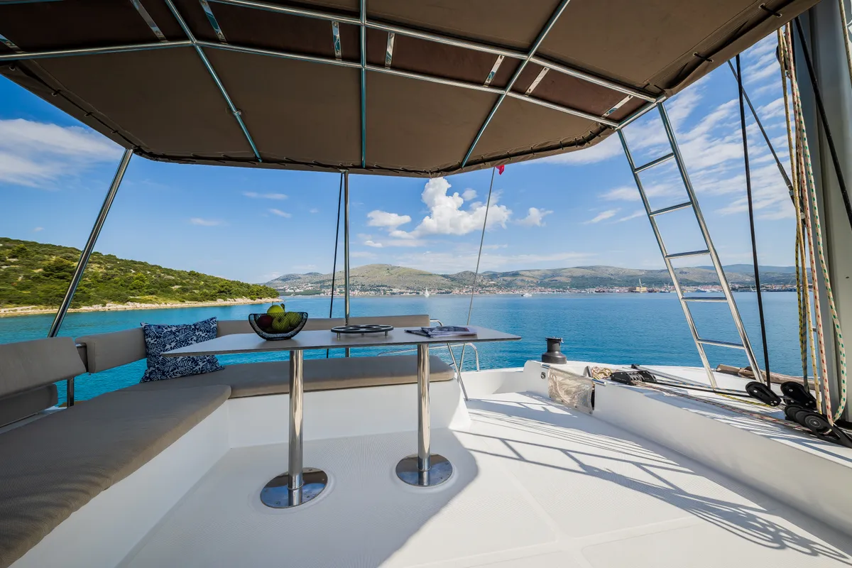 Deck of Esthera, a Bali 4.8 catamaran at Seget Donji, Croatia