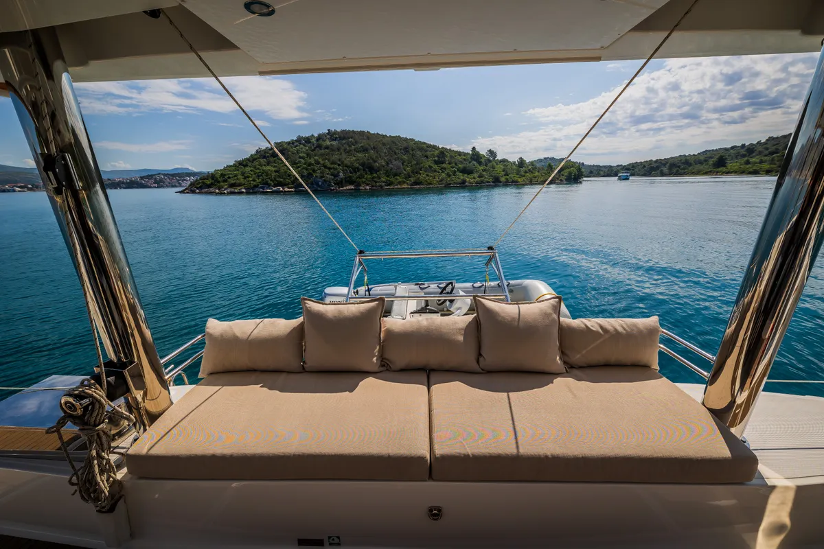 Deck of Esthera, a Bali 4.8 catamaran at Seget Donji, Croatia