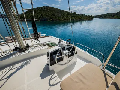 Cockpit of Esthera, a Bali 4.8 catamaran at Seget Donji, Croatia