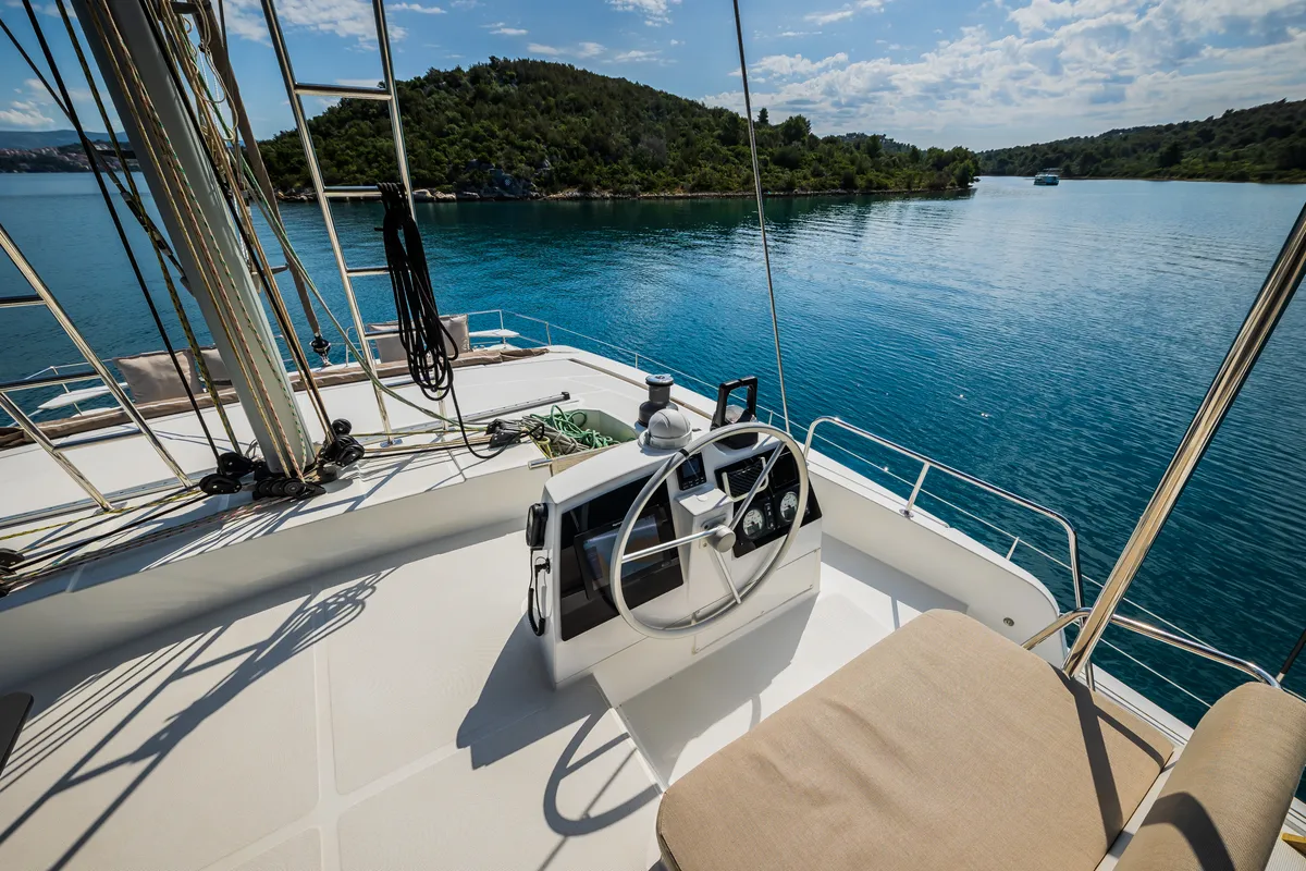 Cockpit of Esthera, a Bali 4.8 catamaran at Seget Donji, Croatia