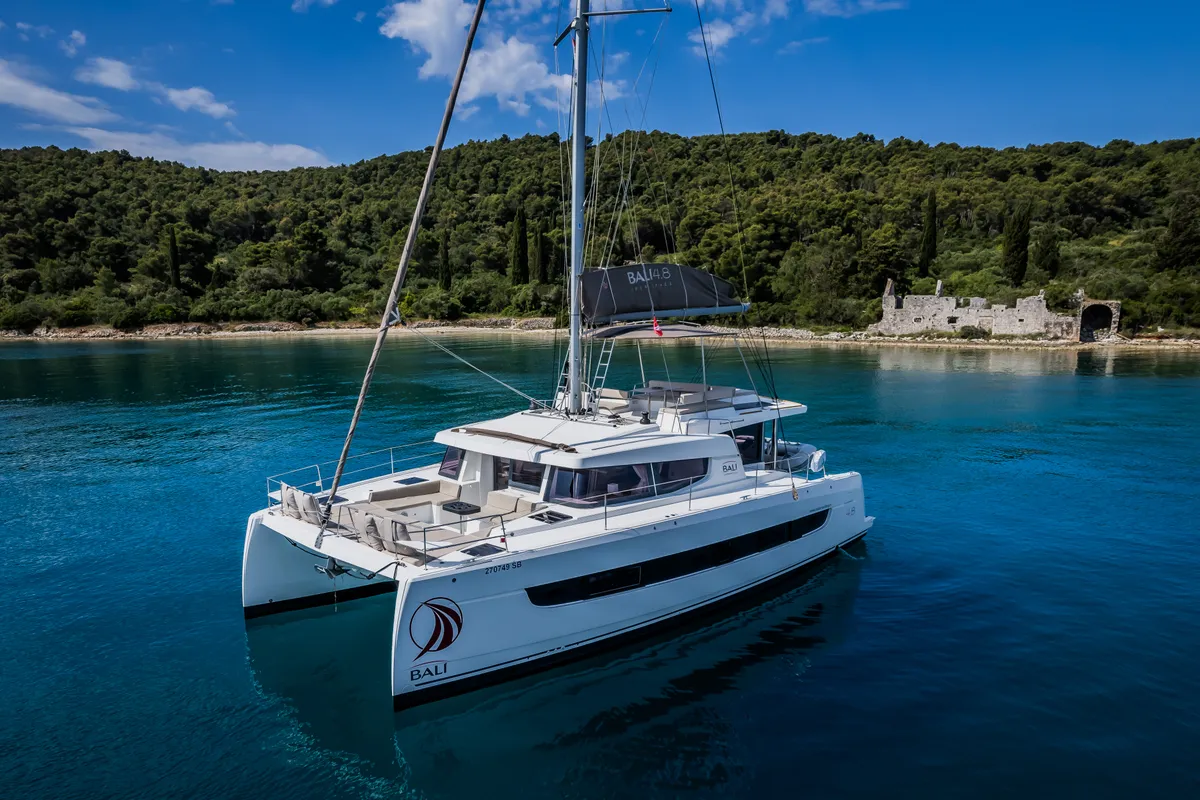 Exterior view of Esthera, a Bali 4.8 catamaran at Seget Donji, Croatia