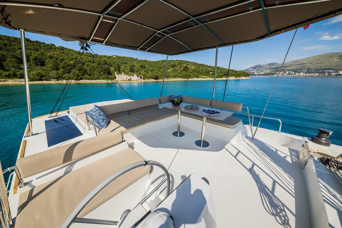 Deck of Esthera, a Bali 4.8 catamaran at Seget Donji, Croatia