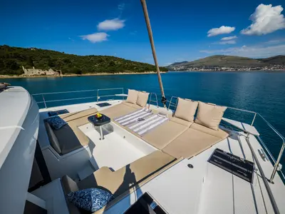 Deck of Esthera, a Bali 4.8 catamaran at Seget Donji, Croatia