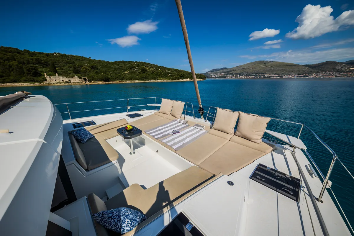 Deck of Esthera, a Bali 4.8 catamaran at Seget Donji, Croatia