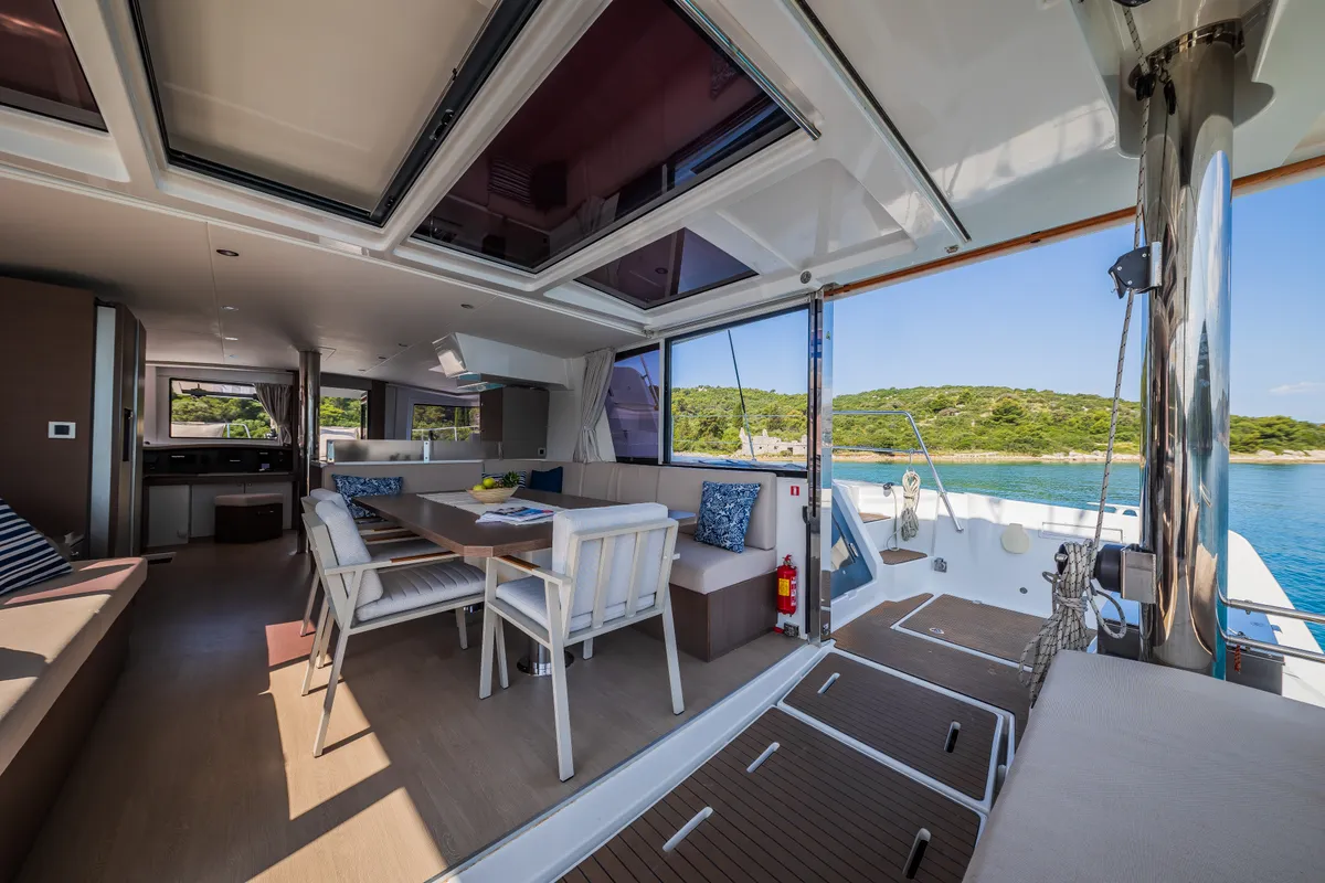 Salon of Esthera, a Bali 4.8 catamaran at Seget Donji, Croatia