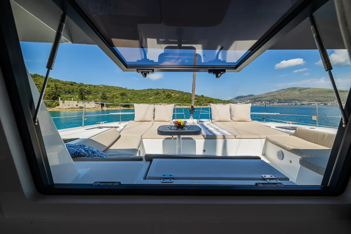 Salon of Esthera, a Bali 4.8 catamaran at Seget Donji, Croatia