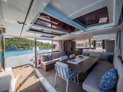 Salon of Esthera, a Bali 4.8 catamaran at Seget Donji, Croatia