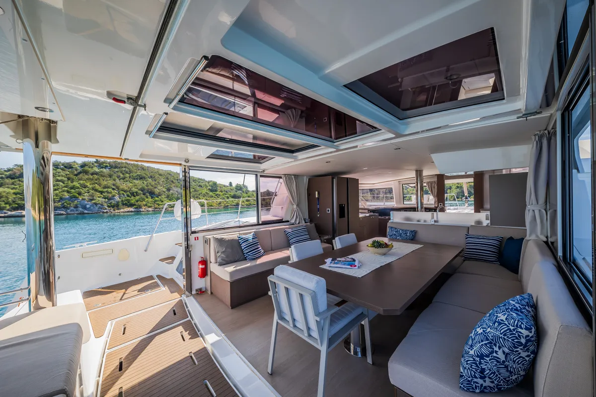 Salon of Esthera, a Bali 4.8 catamaran at Seget Donji, Croatia