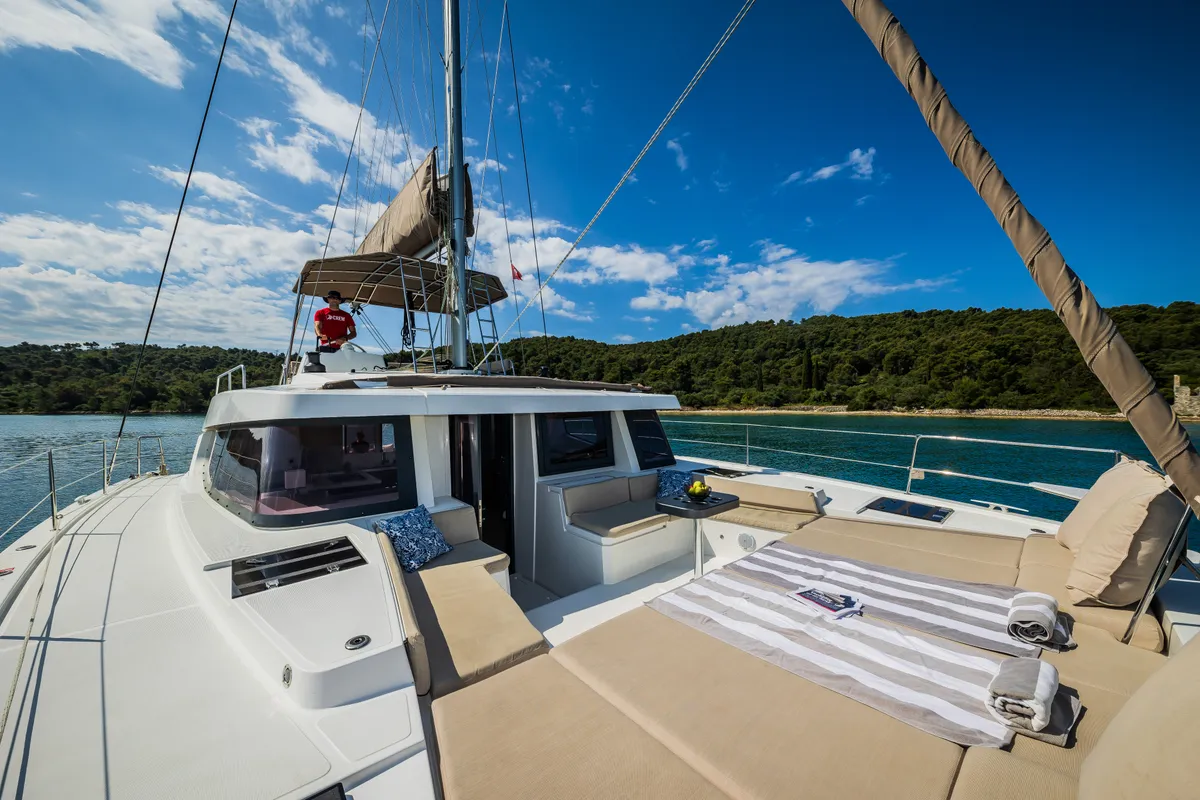 Deck of Esthera, a Bali 4.8 catamaran at Seget Donji, Croatia