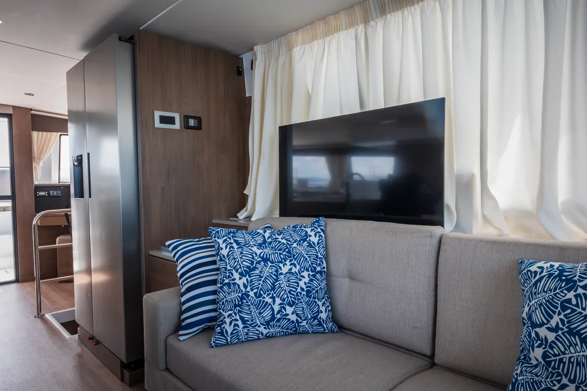Salon of Esthera, a Bali 4.8 catamaran at Seget Donji, Croatia