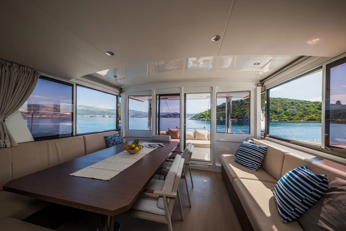 Salon of Esthera, a Bali 4.8 catamaran at Seget Donji, Croatia