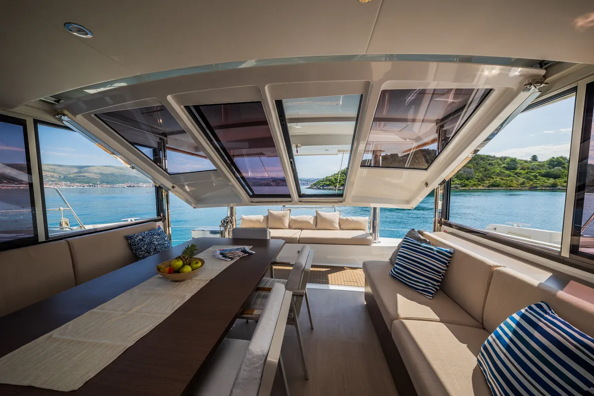 Salon of Esthera, a Bali 4.8 catamaran at Seget Donji, Croatia