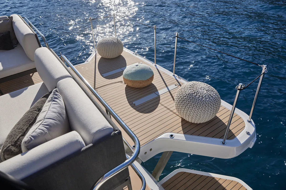 Deck of Lady Francy, a Prestige M48 catamaran at Castellammare di Stabia, Italy