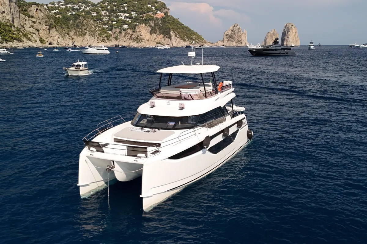 Exterior view of Lady Francy, a Prestige M48 catamaran at Castellammare di Stabia, Italy