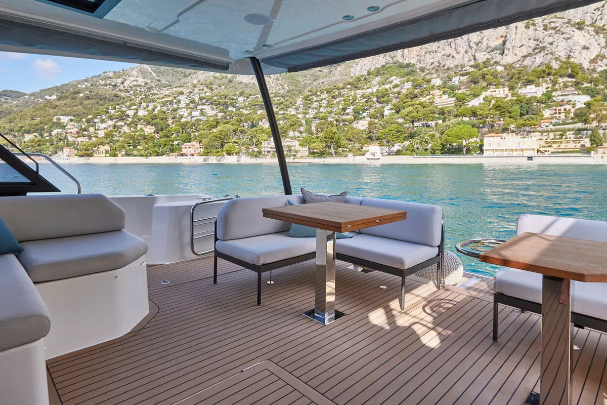 Deck of Lady Francy, a Prestige M48 catamaran at Castellammare di Stabia, Italy