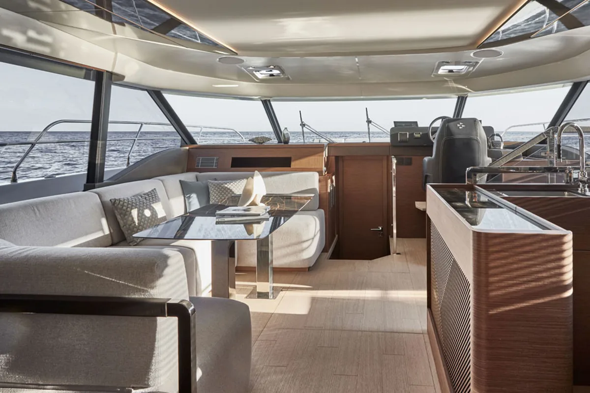 Salon of Lady Francy, a Prestige M48 catamaran at Castellammare di Stabia, Italy
