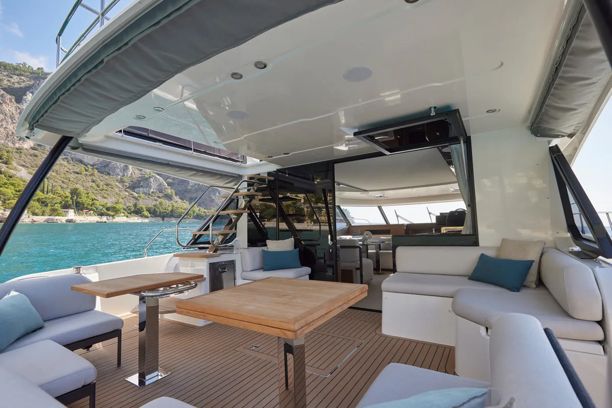 Deck of Lady Francy, a Prestige M48 catamaran at Castellammare di Stabia, Italy