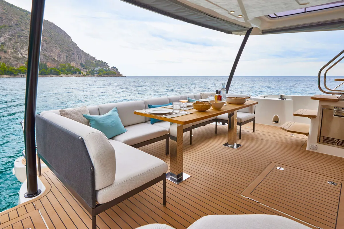 Deck of Lady Francy, a Prestige M48 catamaran at Castellammare di Stabia, Italy