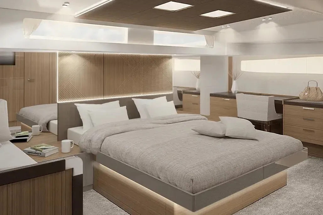 Cabin on Lady Francy, a Prestige M48 catamaran at Castellammare di Stabia, Italy