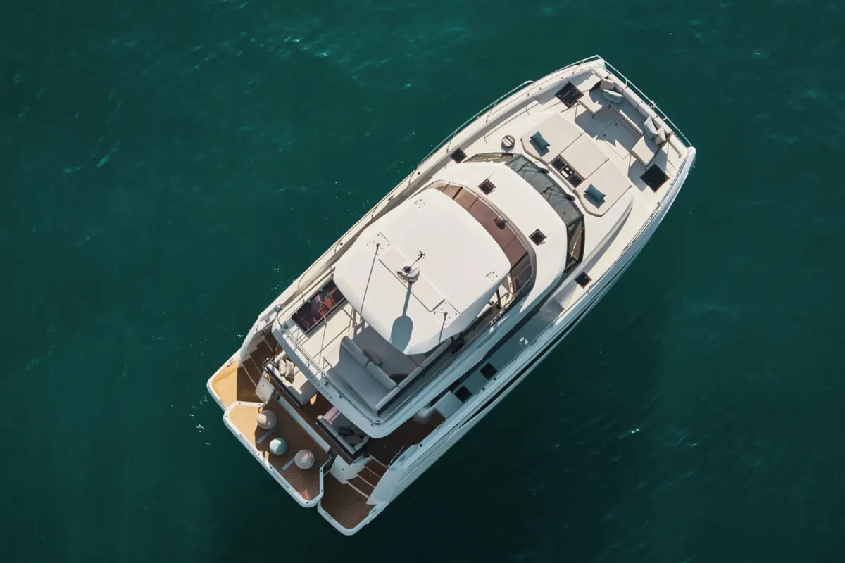 Exterior view of Lady Francy, a Prestige M48 catamaran at Castellammare di Stabia, Italy