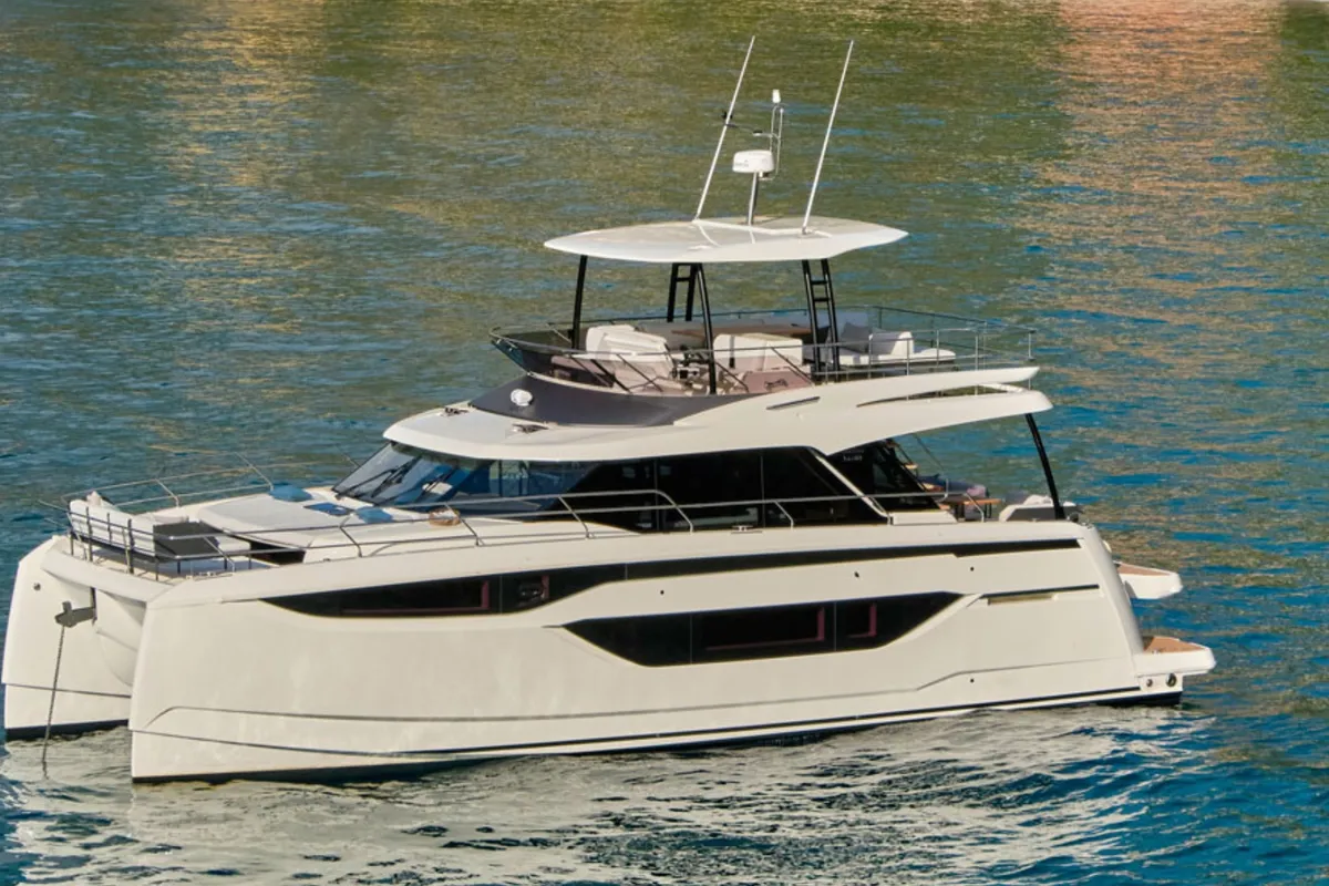 Exterior view of Lady Francy, a Prestige M48 catamaran at Castellammare di Stabia, Italy