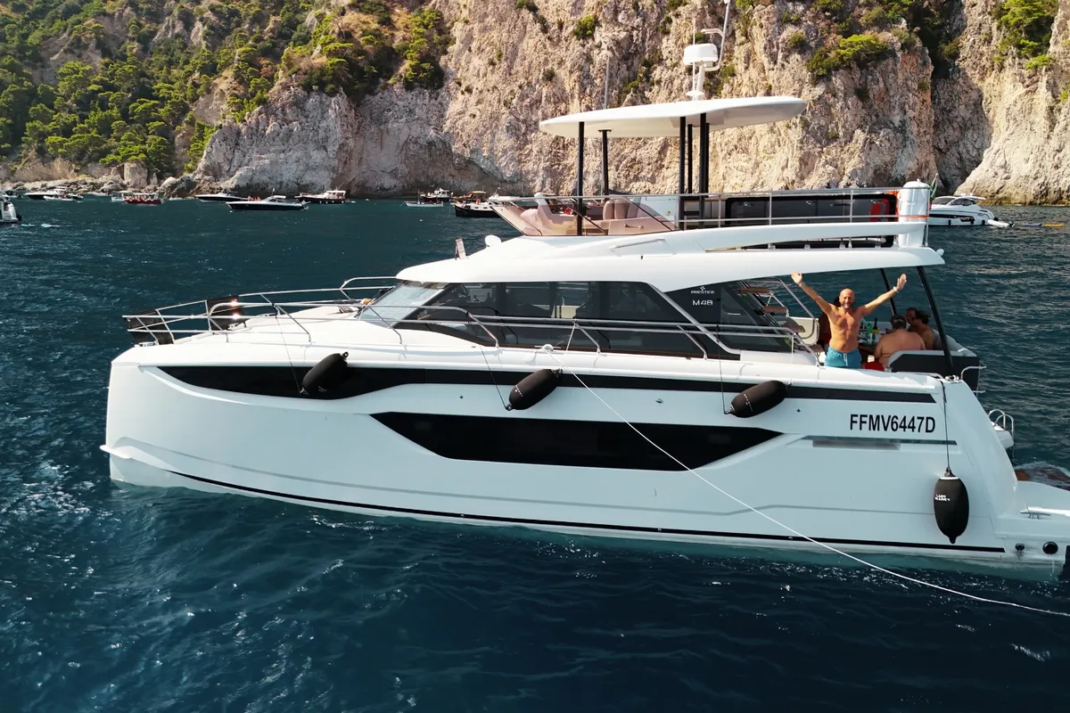 Exterior view of Lady Francy, a Prestige M48 catamaran at Castellammare di Stabia, Italy