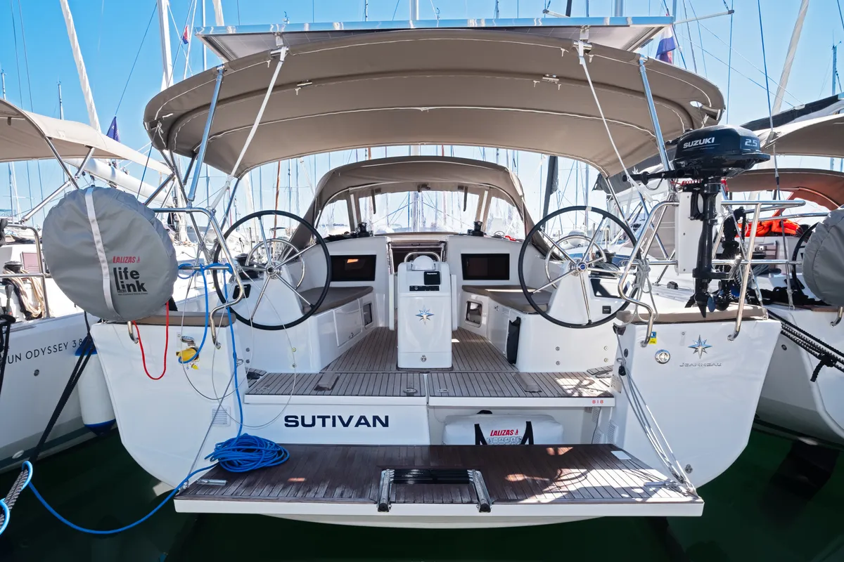 Cockpit of Sutivan, a Jeanneau Sun Odyssey 415 sailboat at Split, Croatia