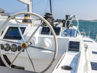Cockpit of Alizee, a Fountaine Pajot Aura 51 catamaran at Road Town, British Virgin Islands