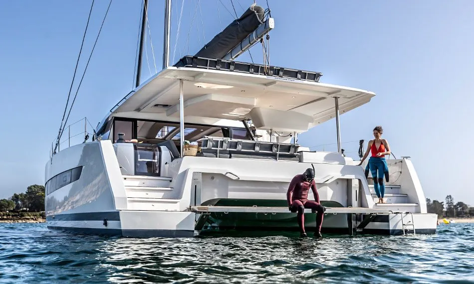 Deck of Alizee, a Fountaine Pajot Aura 51 catamaran at Road Town, British Virgin Islands
