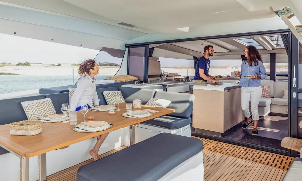Deck of Alizee, a Fountaine Pajot Aura 51 catamaran at Road Town, British Virgin Islands