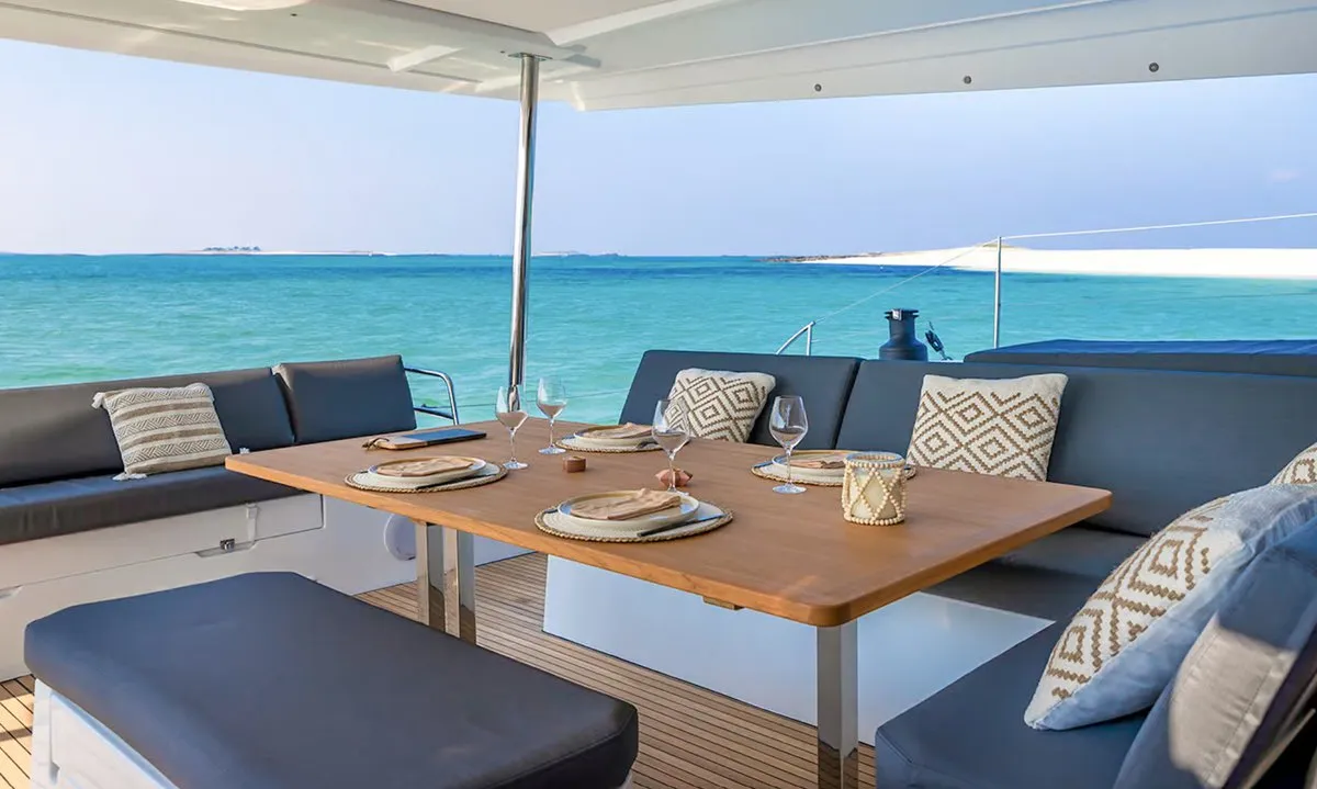 Deck of Alizee, a Fountaine Pajot Aura 51 catamaran at Road Town, British Virgin Islands