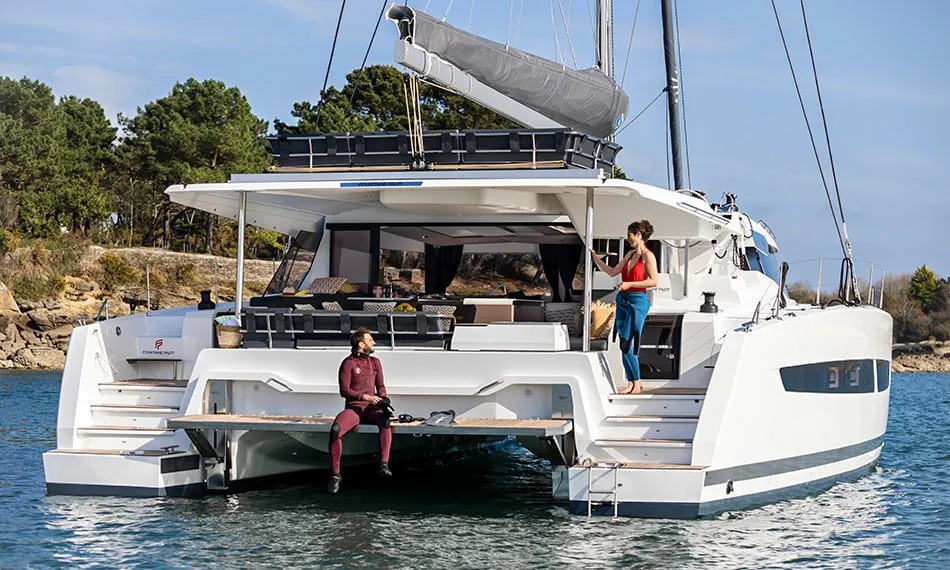 Deck of Alizee, a Fountaine Pajot Aura 51 catamaran at Road Town, British Virgin Islands