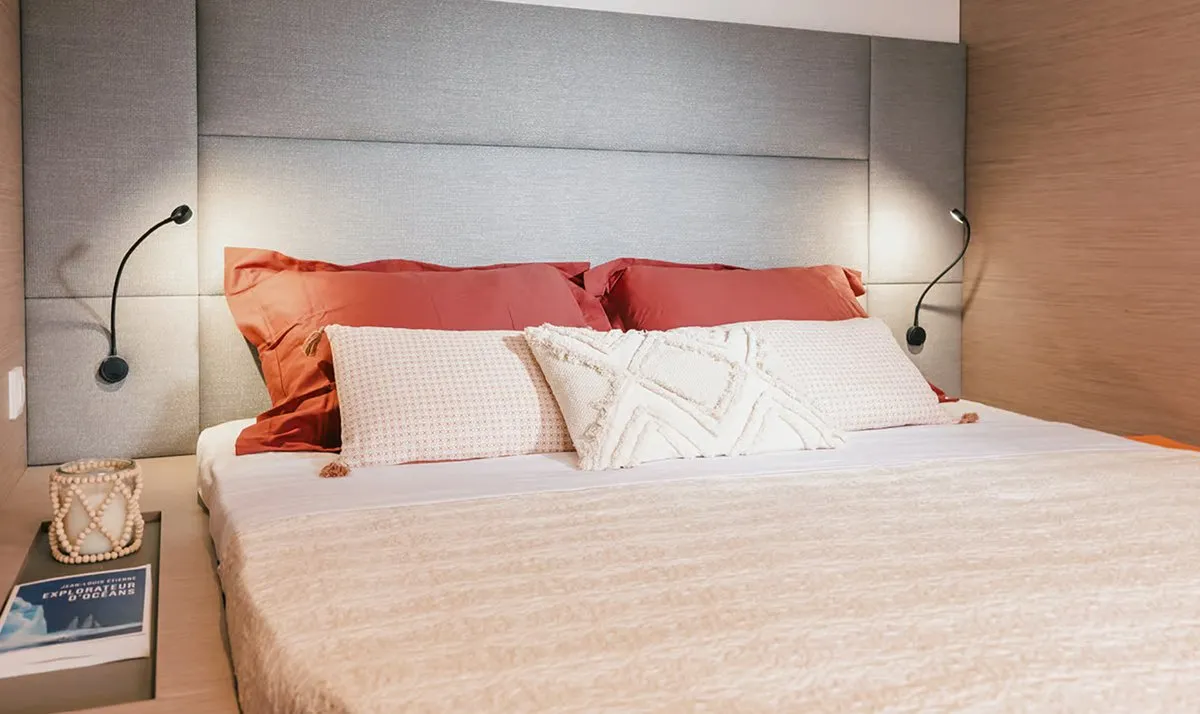 Cabin on Alizee, a Fountaine Pajot Aura 51 catamaran at Road Town, British Virgin Islands