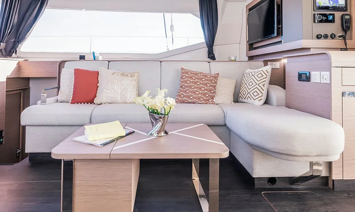 Salon of Alizee, a Fountaine Pajot Aura 51 catamaran at Road Town, British Virgin Islands